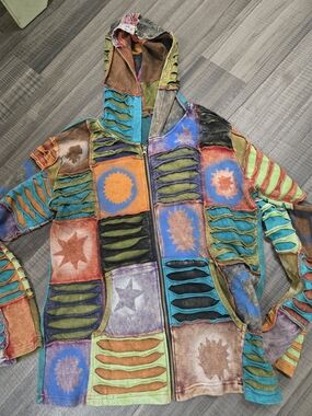 Tripp NYC Teal Green Brown Patchwork Hooded Zip Jacket